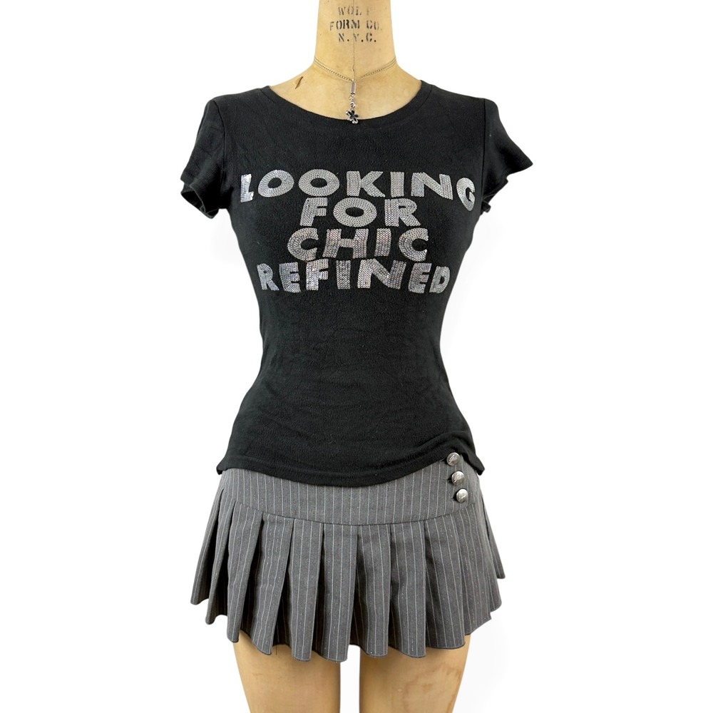 Y2K‎ 2000s Glitter Baby Tee Womens S Chic Refined Logo McBling Glam Bimbo